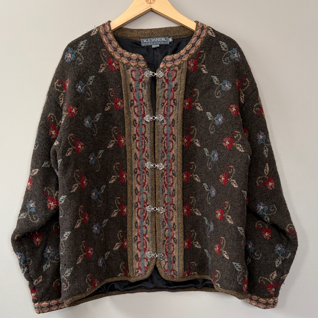 Vintage Icelandic Design Knit Wool Cardigan Jacket Size Xl Floral Brown Tan